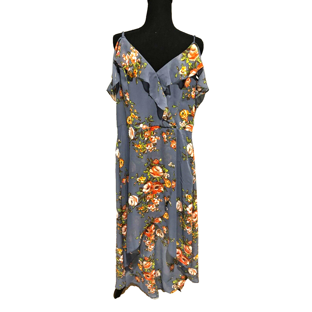 By & By Hi-Low Blue Floral Ruffle maxi Dress Strappy Women’s sz 13 Boho wedding‎